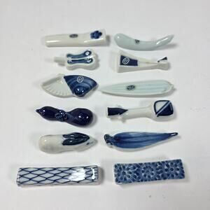 Vintage Japanese Porcelain Chopstick Rests Set 12 Blue White Made Japan